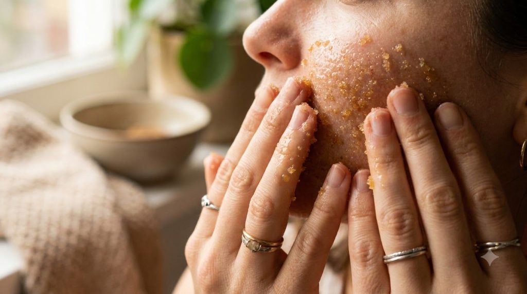 Close-up of a person s hands gently applying a sugar and oil scrub to their cheek showing the grainy texture