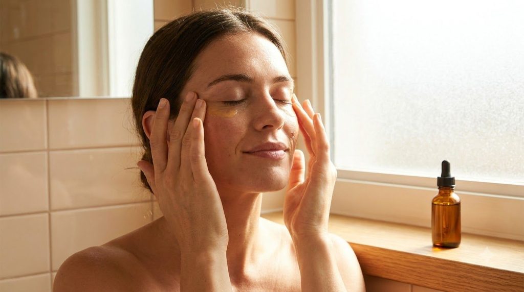 A person gently massaging an oil blend onto their face with closed eyes focusing on areas around the eyes and mouth