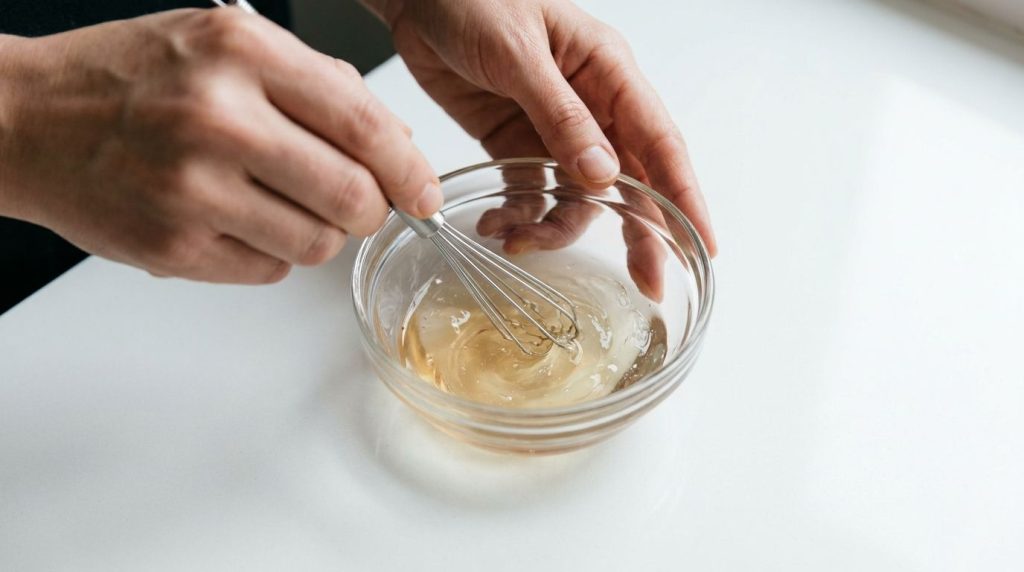 Hands mixing baby oil and aloe vera gel in a small glass bowl with a mini whisk showing a smooth translucent mixture