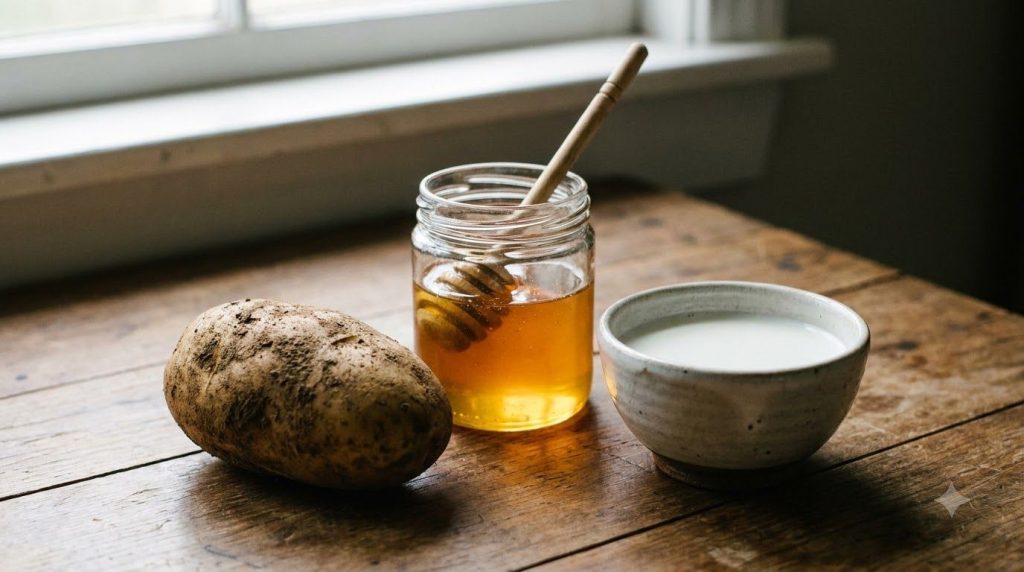Close-up of fresh ingredients for a potato facial a raw potato a jar of honey and a small bowl of milk arranged on a rus