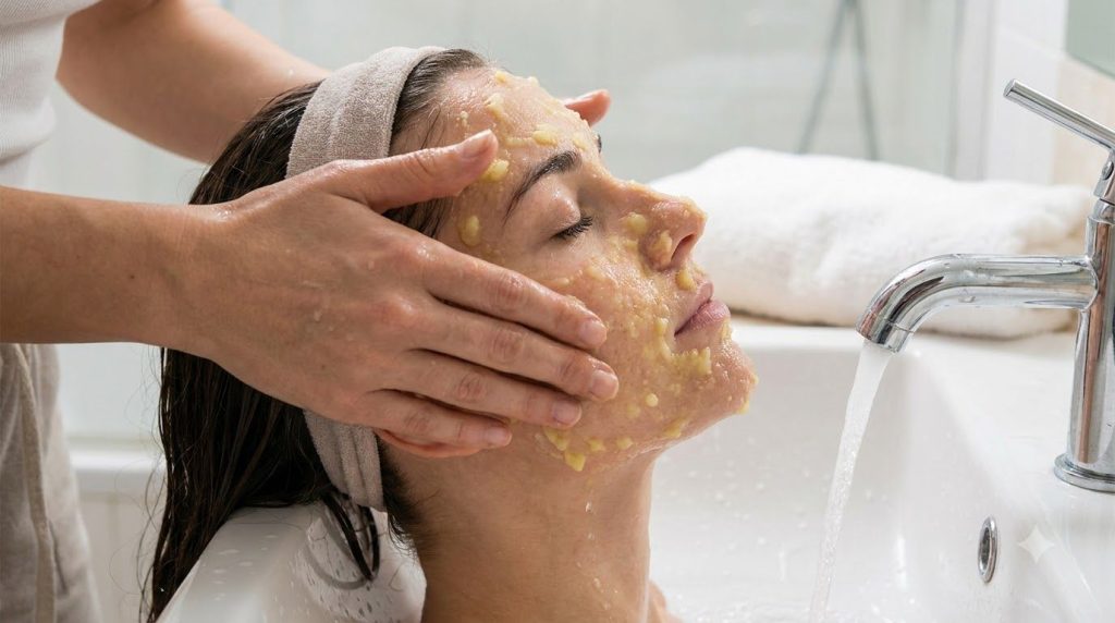 A close-up of hands gently rinsing off a potato facial mask from a woman s face under lukewarm running water