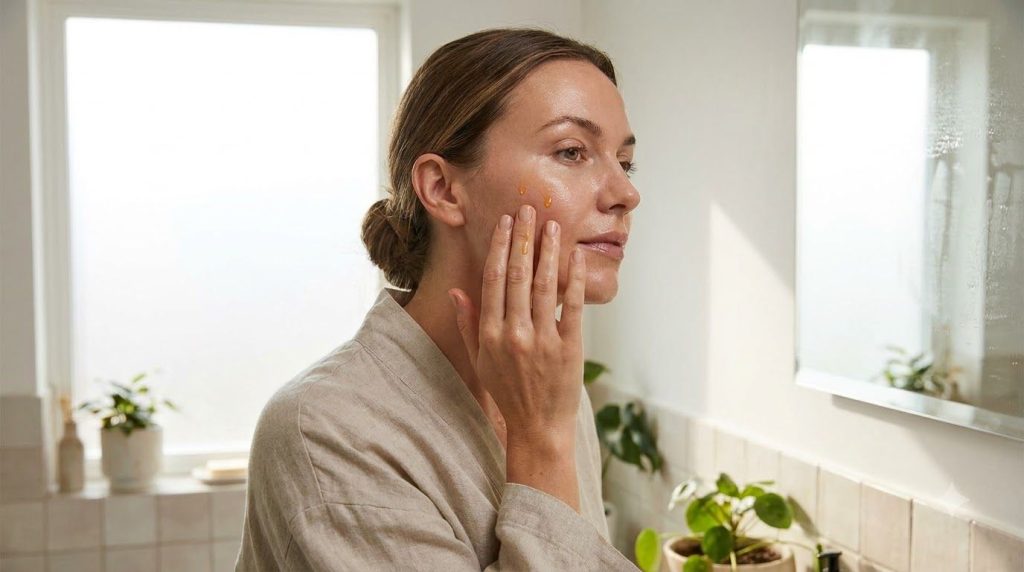 A woman gently applying a few drops of facial oil to her cheek with her fingertips her skin looking soft and radiant