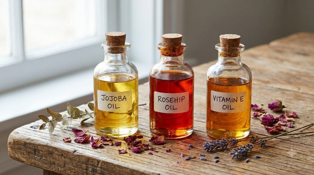Various small bottles of natural oils like jojoba rosehip and vitamin E on a wooden surface ready for mixing