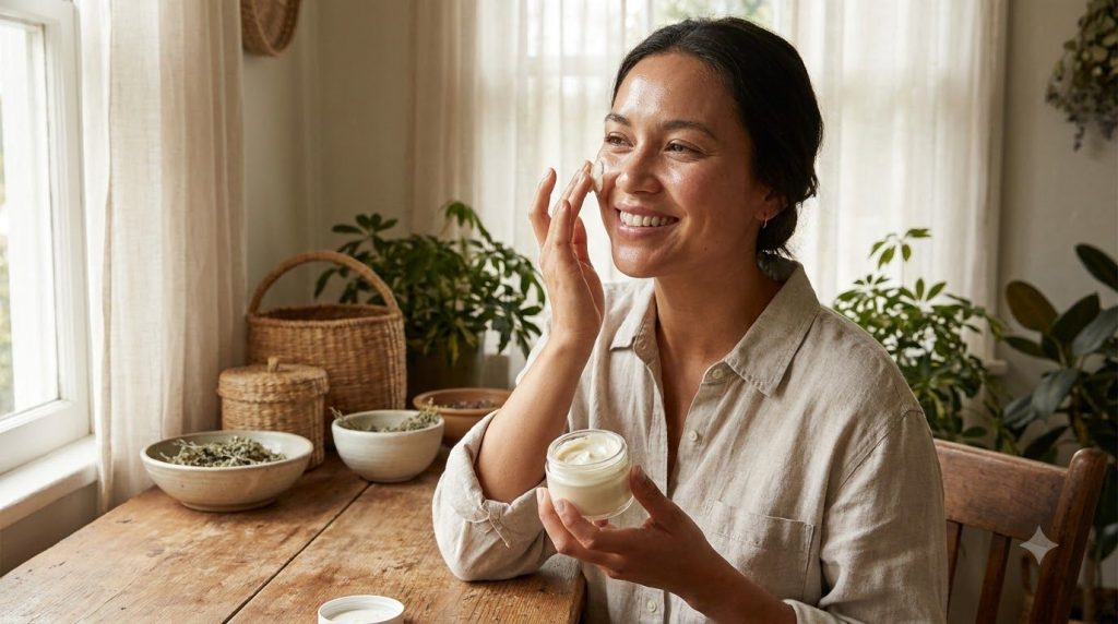 Una mujer sonriente aplicando una crema casera en su rostro con un brillo saludable en su piel El ambiente es relajante 