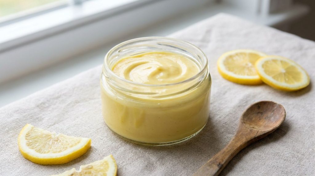 A small glass jar filled with the freshly prepared homemade turmeric and lemon cream showing its smooth pale yellow text