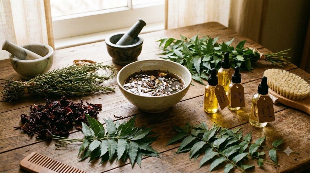 Various natural ingredients for hair care such as herbal leaves a bowl of dark liquid representing the serum and small b