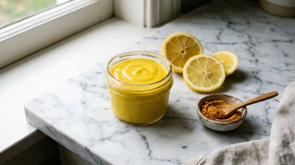 A small jar filled with the homemade yellow turmeric and lemon cream placed on a white marble surface next to fresh lemo