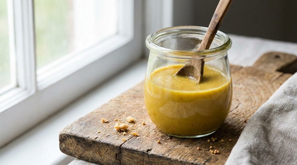 A small glass jar of golden honey mustard dressing with a spoon on a rustic wooden background