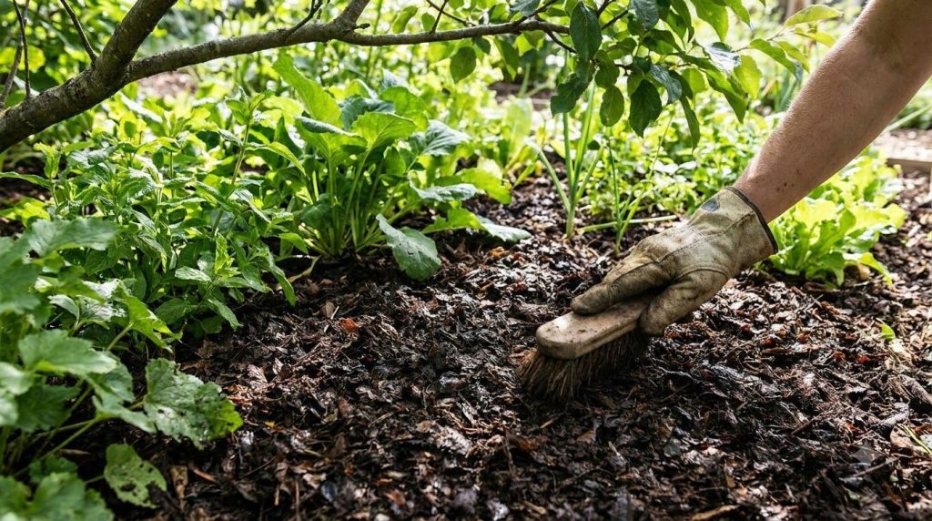 A garden bed with lush green plants mulched with a dark rich layer of leaf mold A gardener s hand is gently touching the