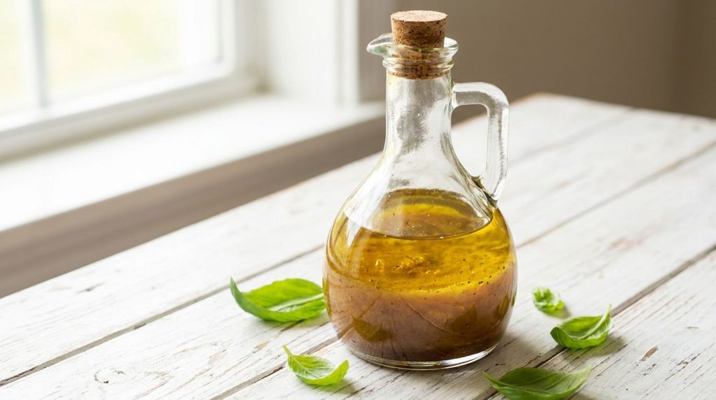 A small glass cruet filled with golden balsamic vinaigrette with fresh basil leaves in the background