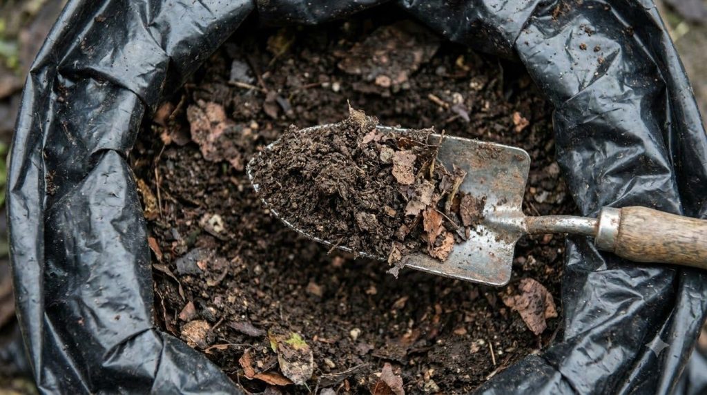 A close-up of dark crumbly leaf mold being scooped from an open black bag The leaf mold should look rich and earthy