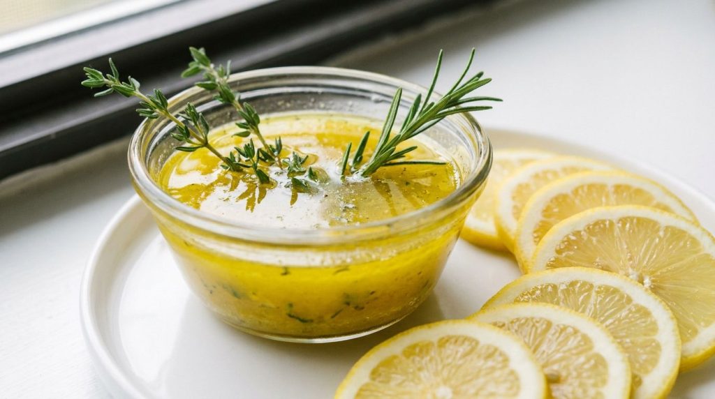 A bowl of bright yellow lemon herb vinaigrette with fresh lemon slices and herbs around it