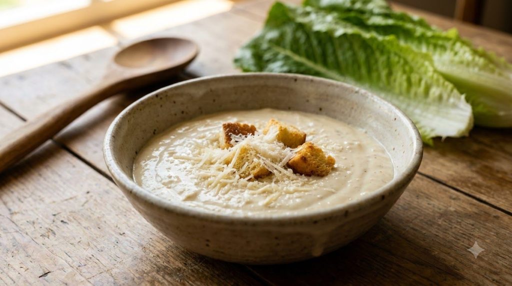 A bowl of creamy Caesar dressing with grated Parmesan cheese and a side of romaine lettuce