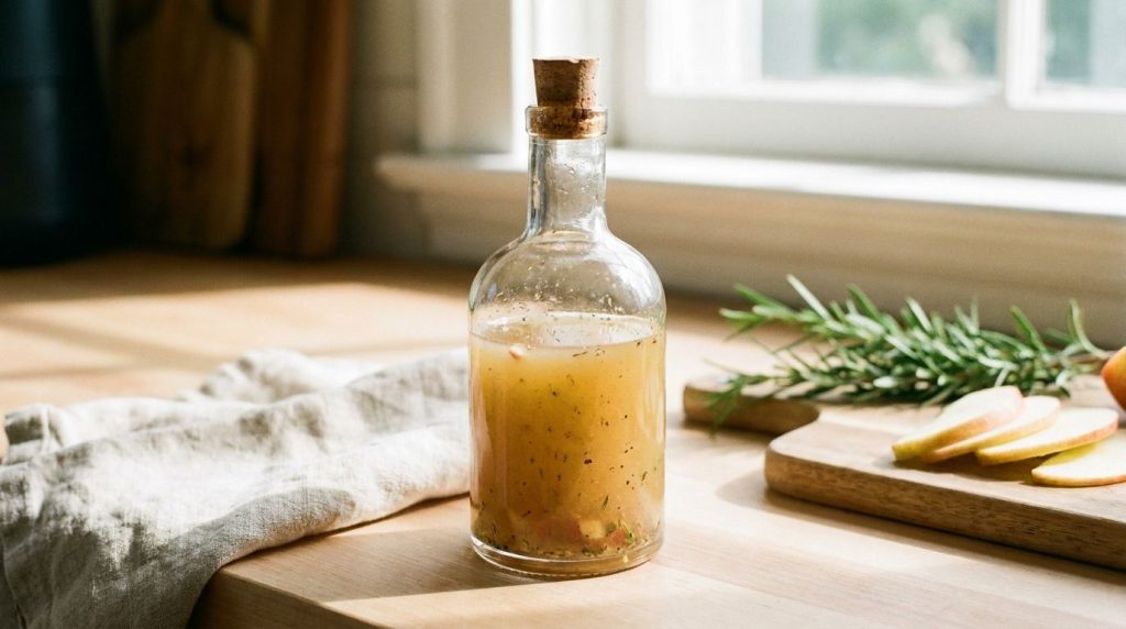 A glass bottle of amber-colored apple cider vinaigrette with sliced apples in the background