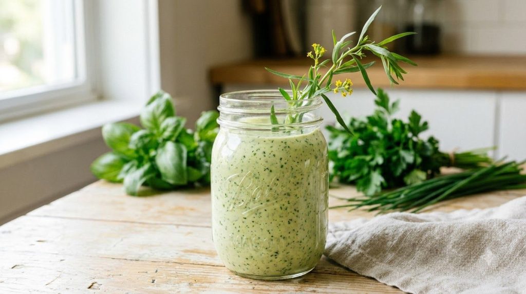 A vibrant green goddess dressing in a glass jar garnished with a sprig of fresh tarragon