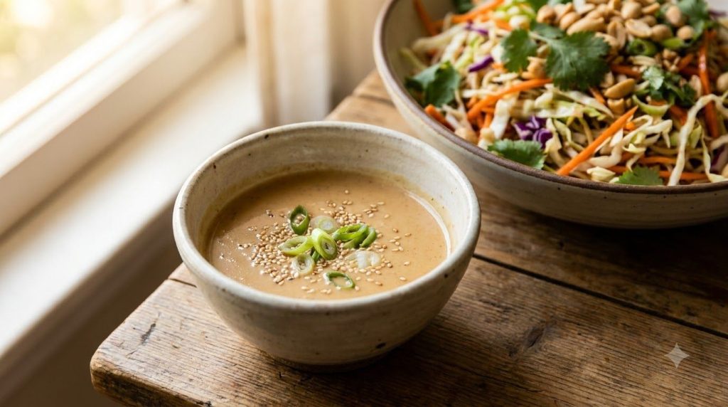 A small bowl of sesame ginger dressing garnished with sesame seeds and green onion with a side of Asian salad