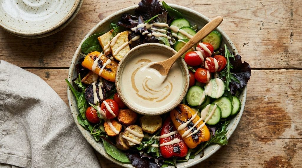 A small ceramic bowl of creamy tahini dressing drizzled over a vibrant salad of roasted vegetables