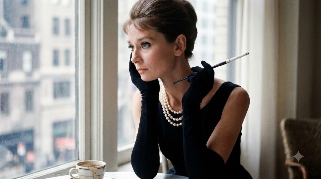 Audrey Hepburn as Holly Golightly in Breakfast at Tiffany s wearing a black dress and pearls