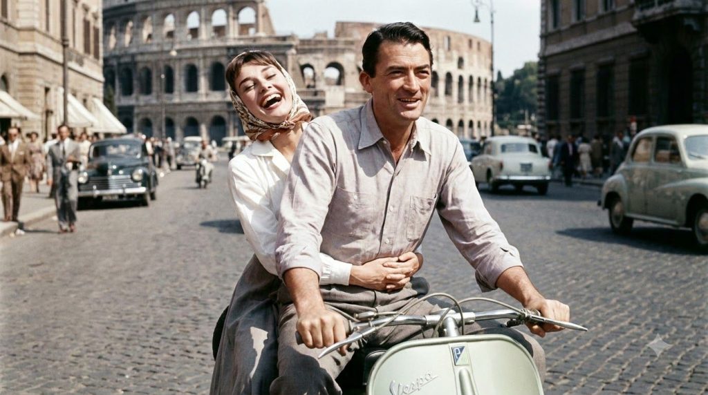 Audrey Hepburn in a scene from Roman Holiday riding a Vespa with Gregory Peck