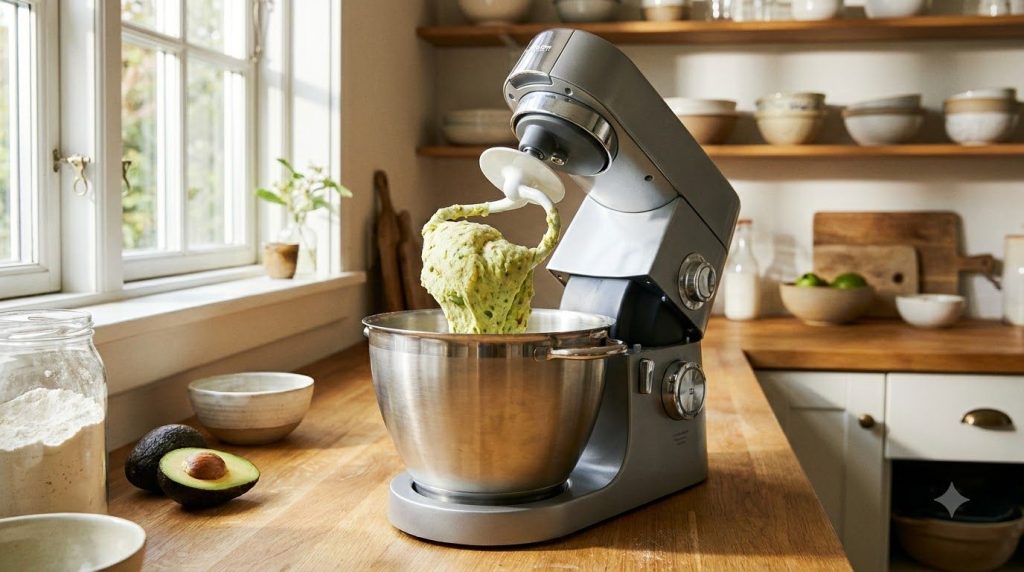 Dough with mashed potato and avocado being kneaded in a stand mixer showing its soft and slightly green texture