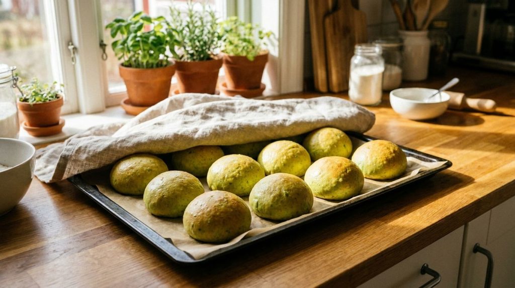 Shaped avocado potato buns arranged on a parchment-lined baking sheet ready for their second rise