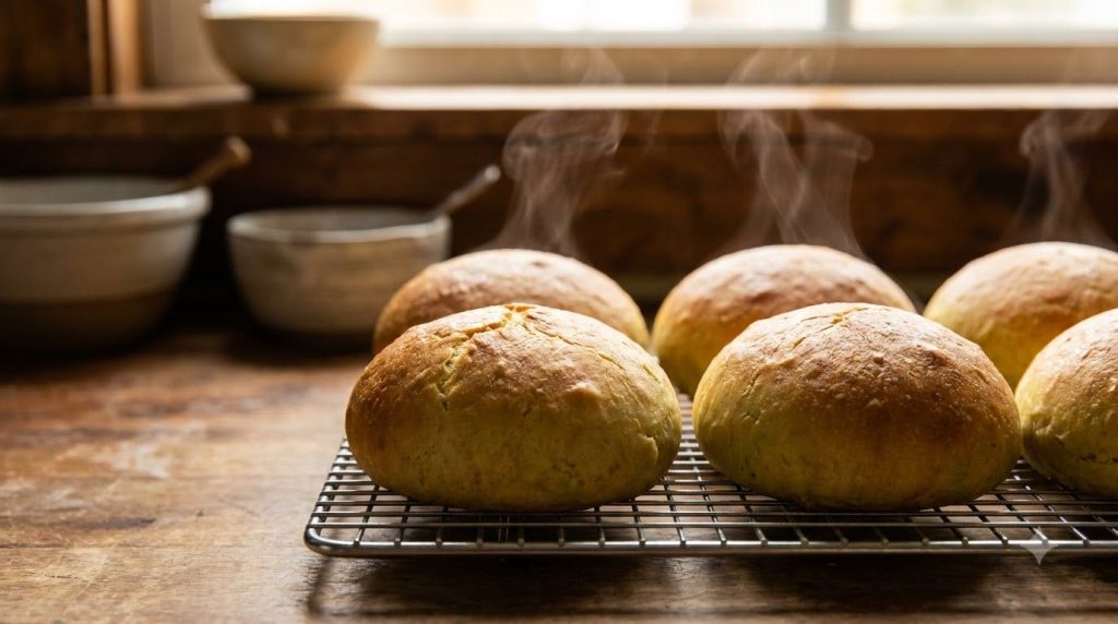 Freshly baked golden brown avocado potato buns cooling on a wire rack steam subtly rising