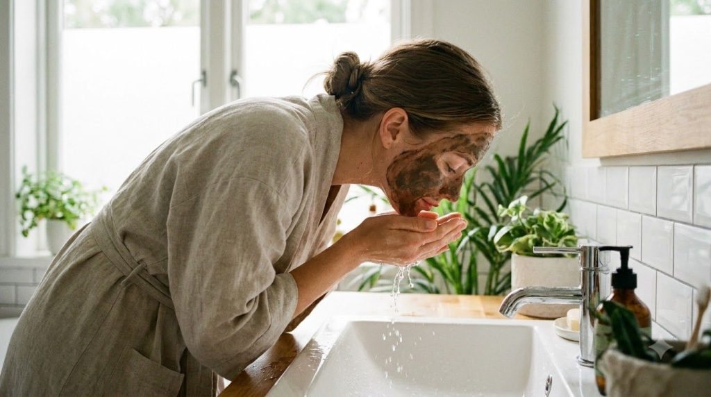 A woman gently rinsing off a natural face mask from her face over a sink with soft natural light