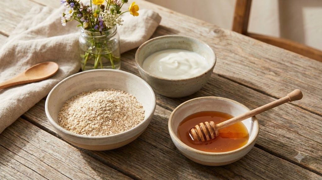 Three small bowls containing separate ingredients finely ground oatmeal plain yogurt and raw honey with a wooden spoon