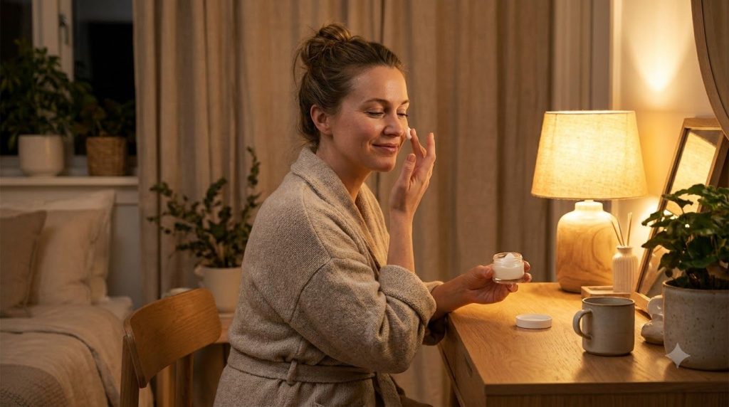 A woman gently applying a small amount of a creamy gel to her face at night with a soft warm glow focusing on a natural 