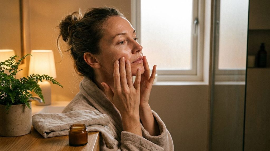 A woman gently massaging the petroleum jelly and baby oil balm onto her face at night illustrating the application proce