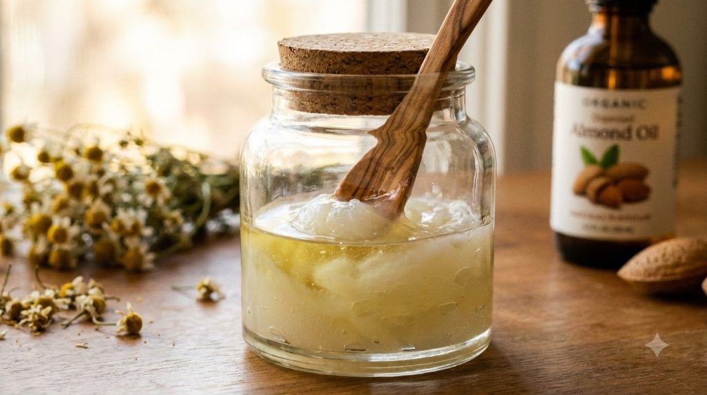 A small clean airtight container with petroleum jelly and baby oil being mixed with a tiny spatula showing the process o