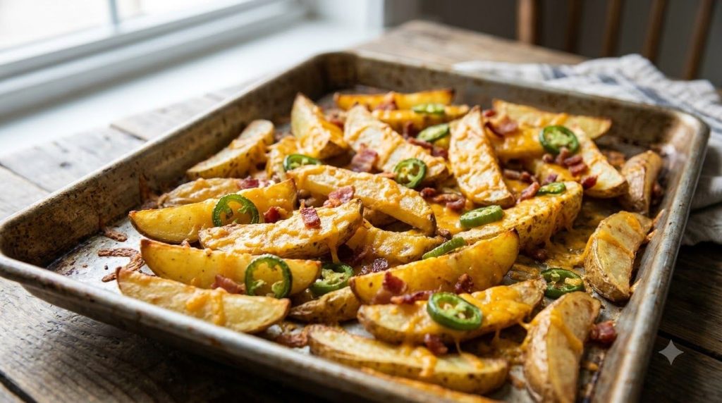 Golden potato wedges generously topped with melted cheddar cheese and sliced jalapeños with some crispy bacon bits scatt