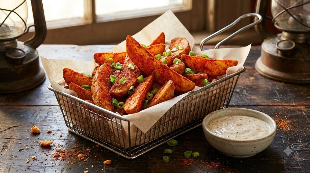 Spicy Cajun potato wedges vibrant red from seasoning piled in a serving basket garnished with chopped green onions and a