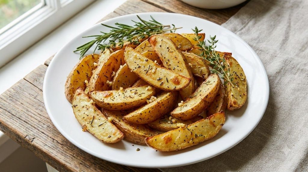 Rustic garlic herb potato wedges golden-brown with visible specks of dried herbs and minced garlic piled on a white plat