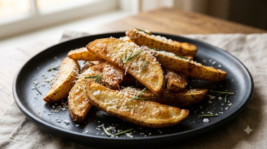 Crispy potato wedges coated in grated Parmesan cheese and fresh rosemary piled artistically on a dark plate with a sprin