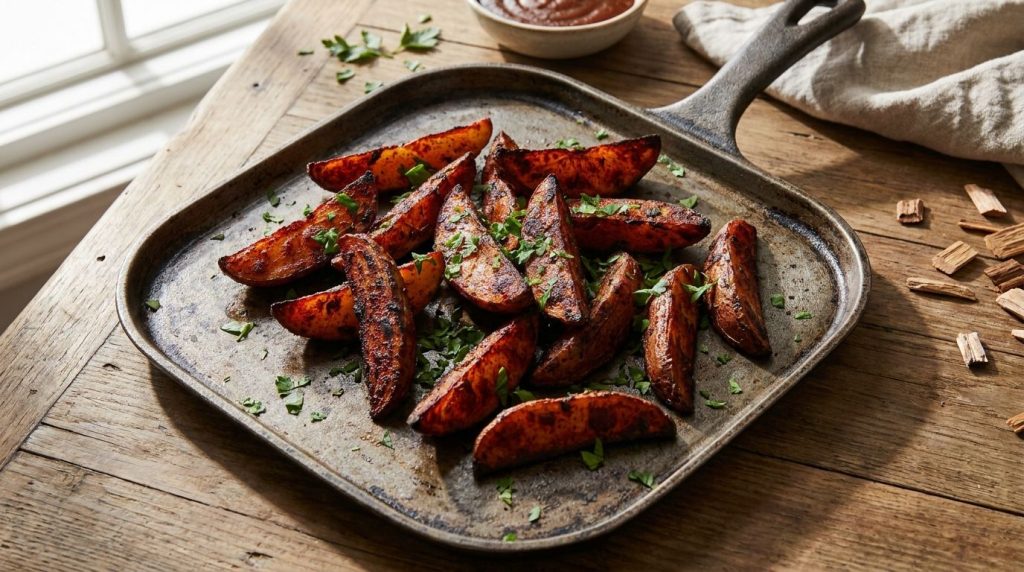 Smoky BBQ potato wedges dark reddish-brown from the seasoning arranged on a griddle pan some with a slight char garnishe