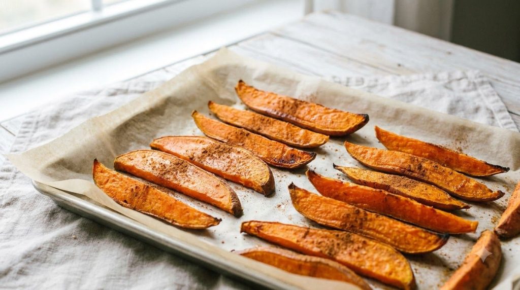 Vibrant orange sweet potato wedges lightly dusted with cinnamon arranged neatly on a parchment-lined baking sheet ready 
