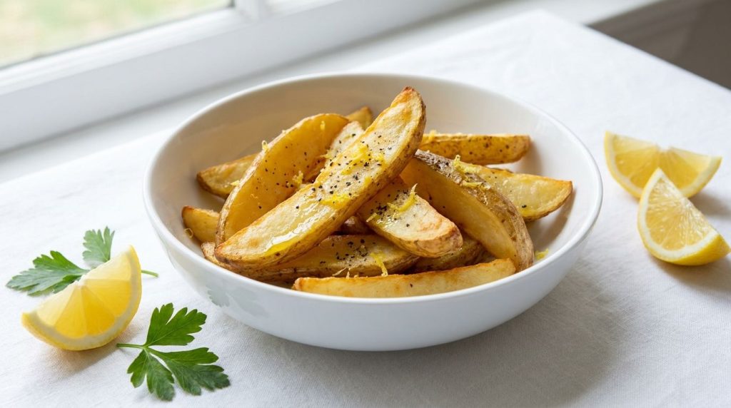Golden-brown potato wedges glistening with lemon zest and black pepper served in a white bowl with lemon wedges and fres