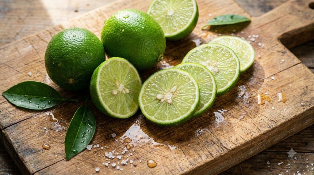 A close-up of several fresh vibrant green limes some whole and some sliced on a clean wooden cutting board