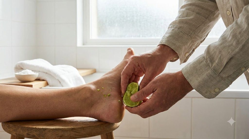 A person gently rubbing a sliced lime on their foot focusing on the heel with the foot resting over a basin or towel