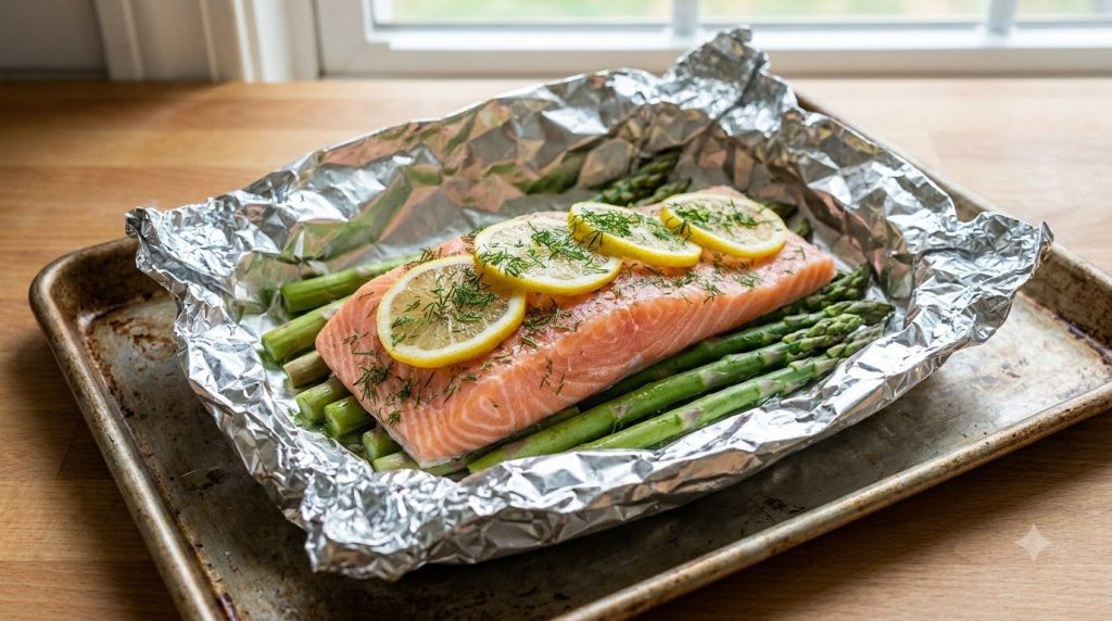 A salmon fillet placed on a bed of asparagus on an open foil packet with lemon slices and herbs on top