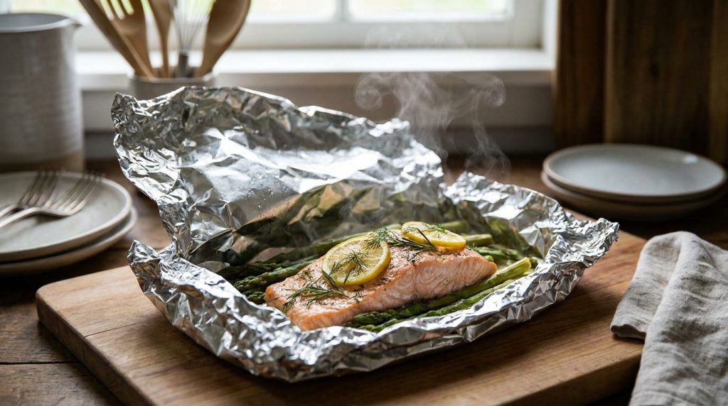 An opened foil packet showing perfectly cooked lemon herb salmon and tender asparagus ready to serve