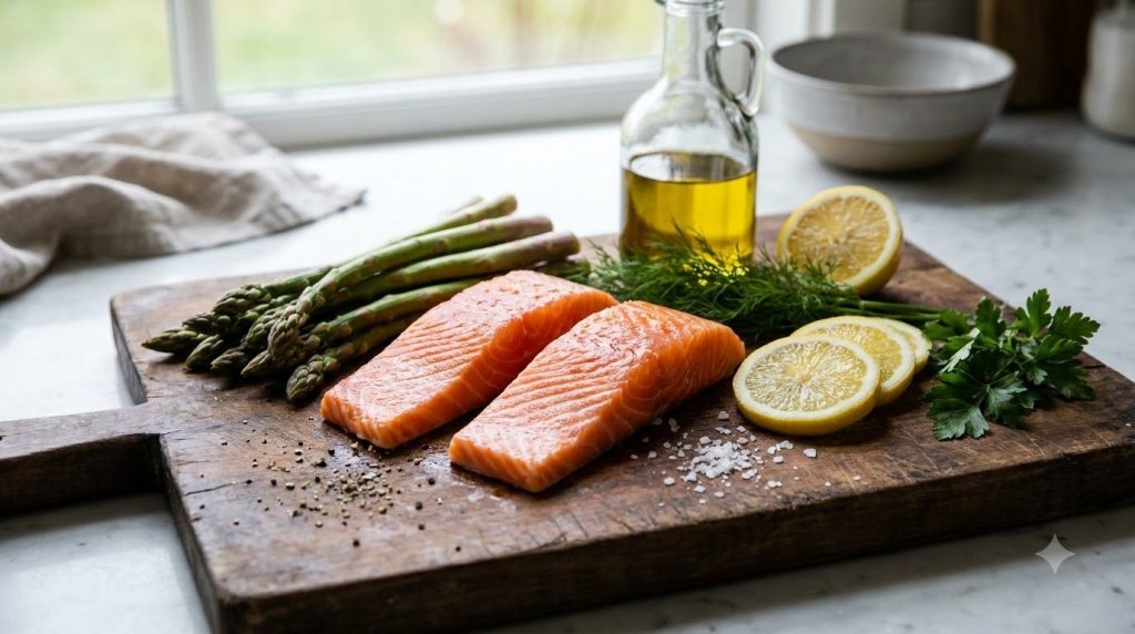 Ingredients for lemon herb salmon laid out on a cutting board salmon fillets asparagus lemon olive oil and herbs