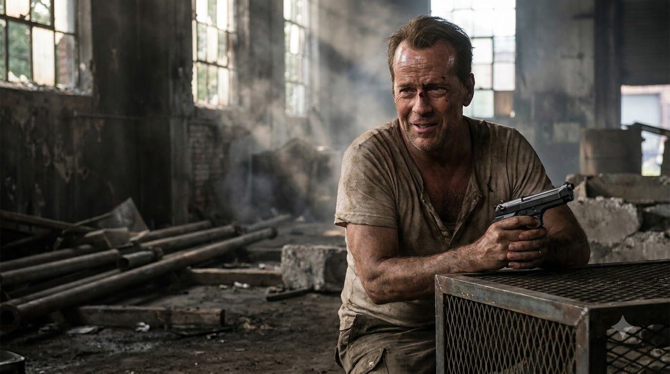 Bruce Willis as John McClane in Die Hard looking tough and a bit disheveled perhaps with a smirk