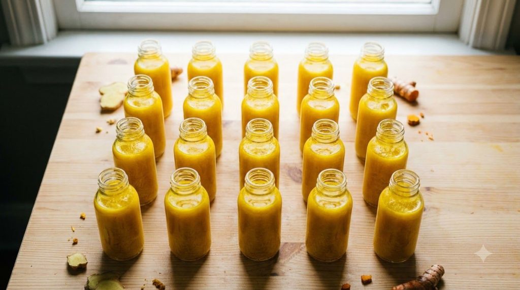 A close-up shot of several small bottles filled with bright yellow turmeric ginger immunity shots ready for storage or c
