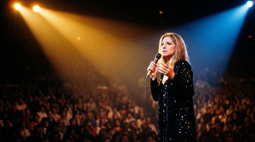 Barbra Streisand on stage during a concert holding a microphone bathed in dramatic stage lighting with a captivating exp