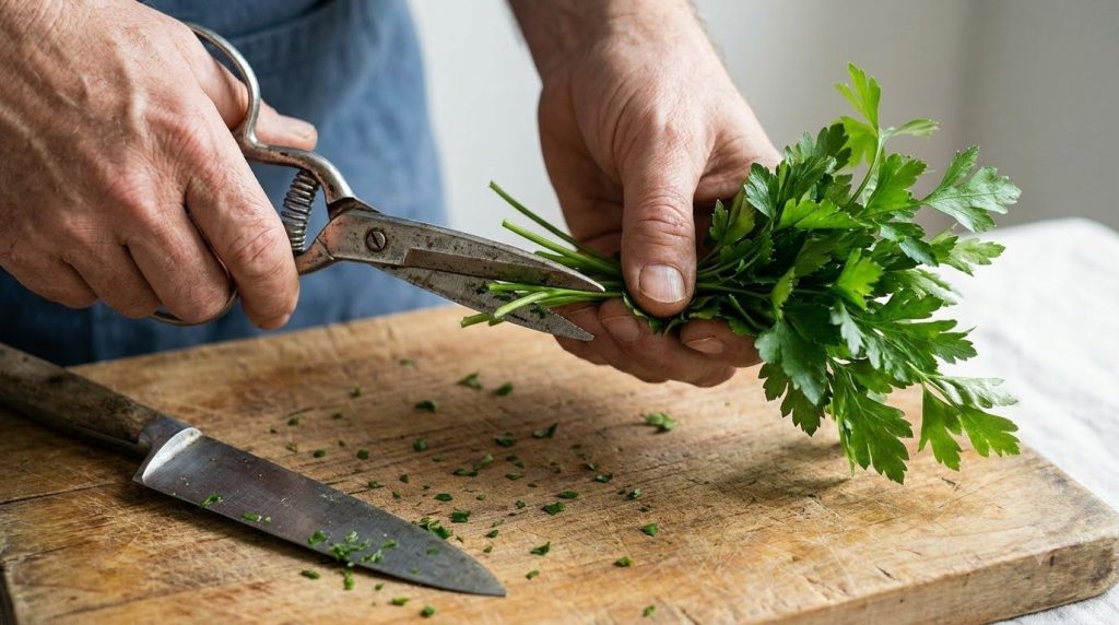 Close-up shot of hands trimming the ends of fresh parsley stems with kitchen shears over a cutting board