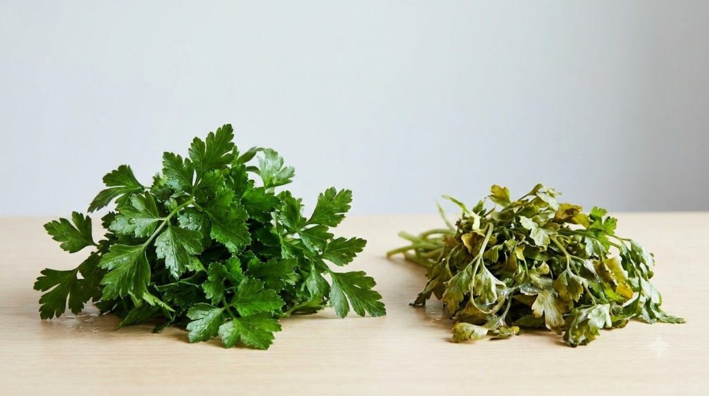 A side-by-side comparison of a vibrant fresh bunch of parsley and a wilted yellowed and slimy bunch of parsley illustrat