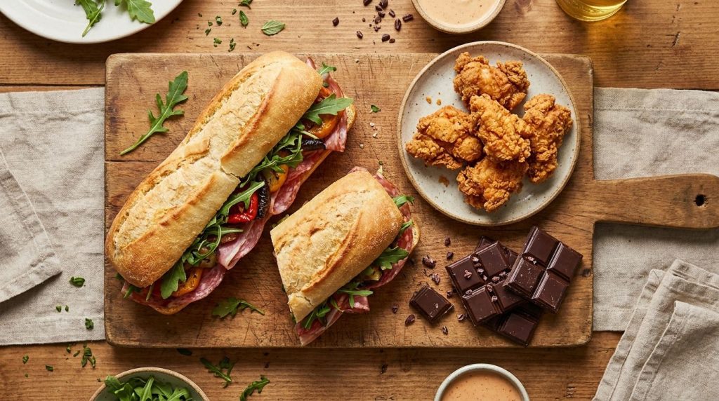 A mouth-watering spread of a perfectly assembled sub sandwich a side of crispy golden fried chicken pieces and a decaden
