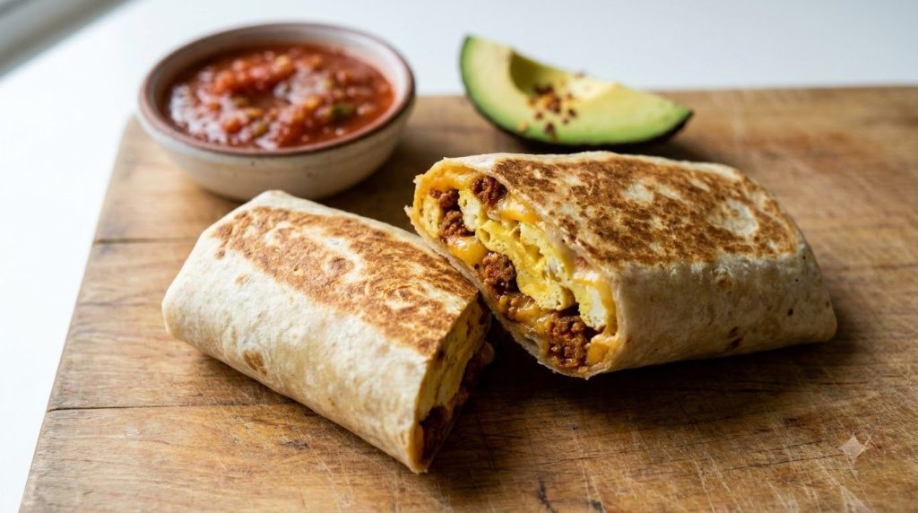 A perfectly rolled and wrapped breakfast burrito ready to be eaten perhaps with a side of salsa or avocado
